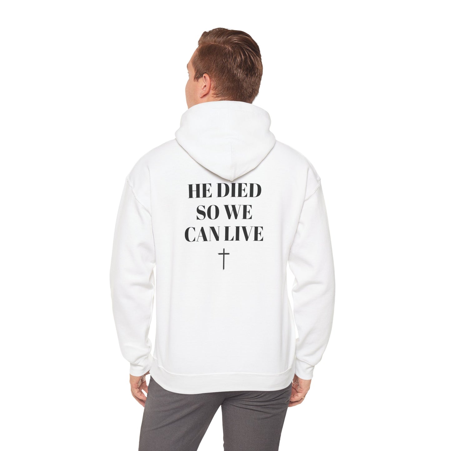 Faith-Inspired Unisex Heavy Blend™ Hooded Sweatshirt - 'He Died So We Can Live'