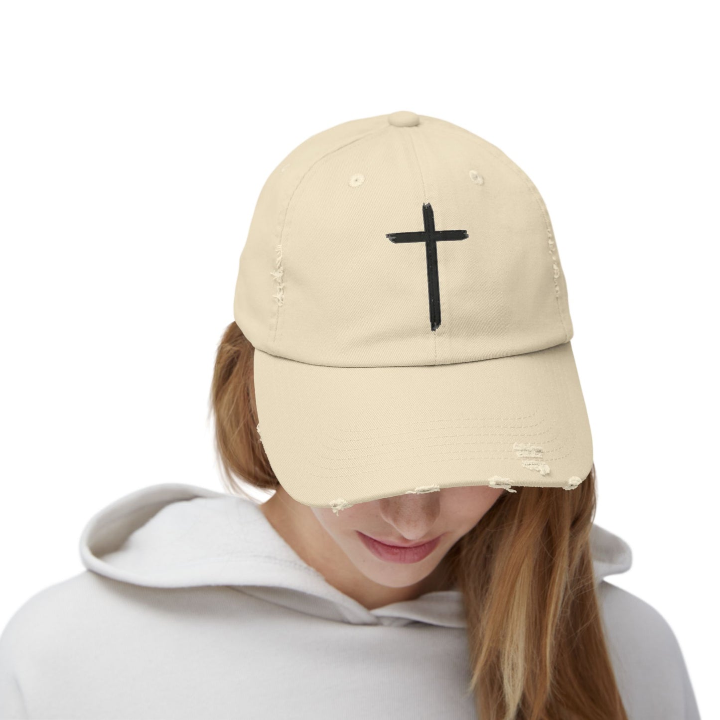 Unisex Distressed Cap with Cross Design - Faith-Inspired Fashion Accessory