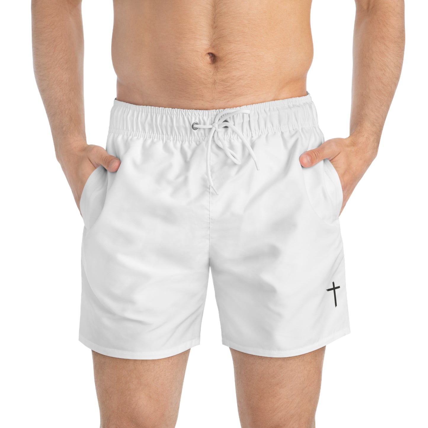 Men's White Swim Trunks with Cross Design - Beach Ready Comfort