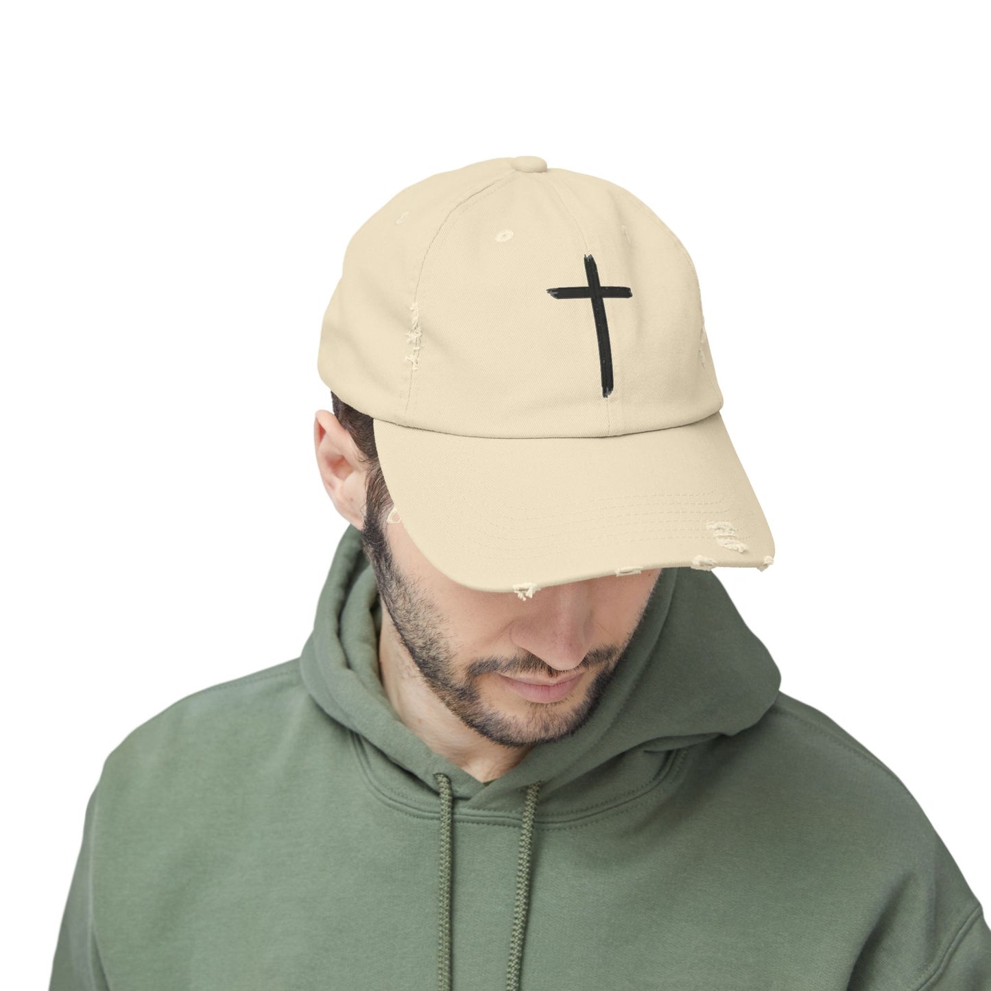 Unisex Distressed Cap with Cross Design - Faith-Inspired Fashion Accessory