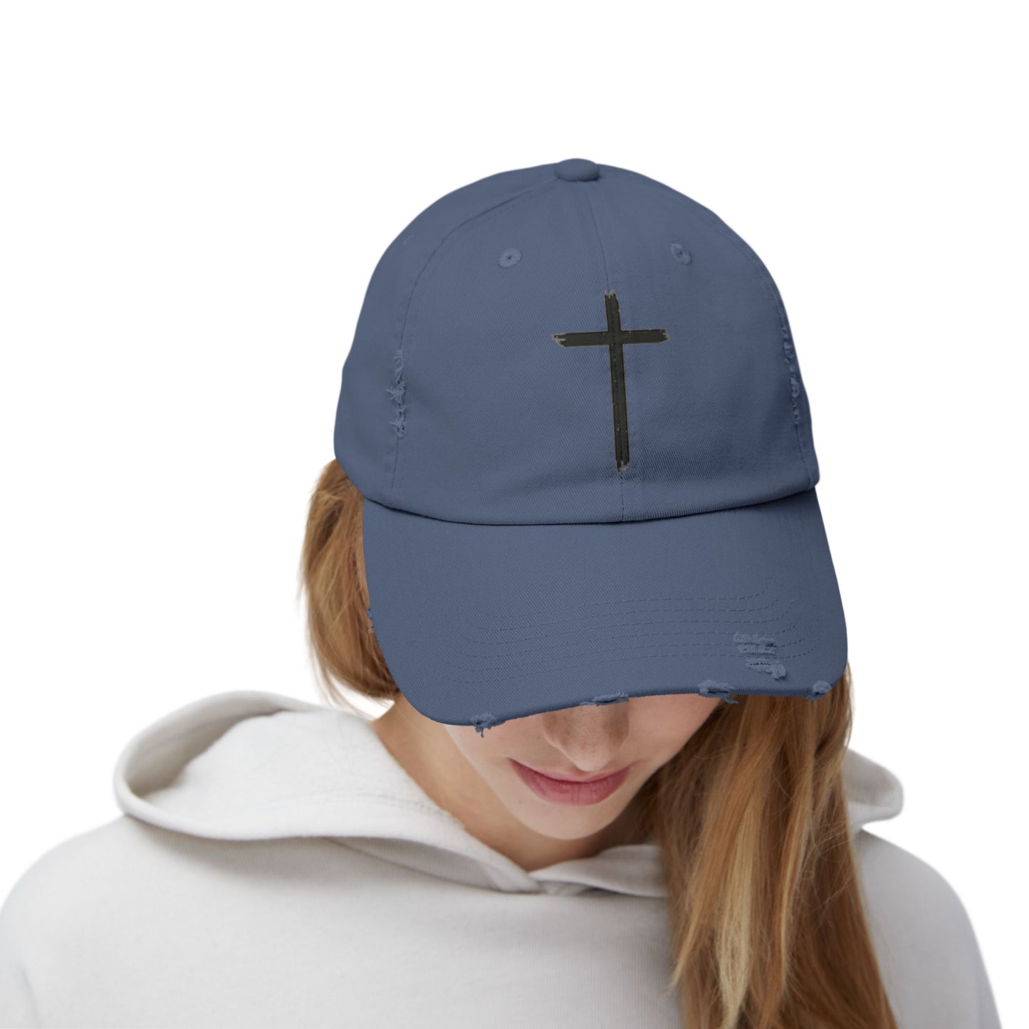 Unisex Distressed Cap with Cross Design - Faith-Inspired Fashion Accessory