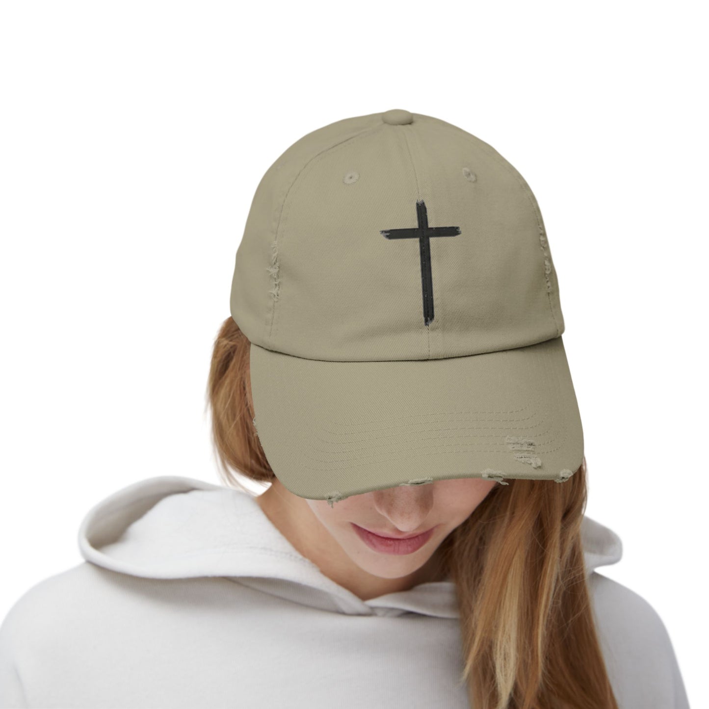 Unisex Distressed Cap with Cross Design - Faith-Inspired Fashion Accessory