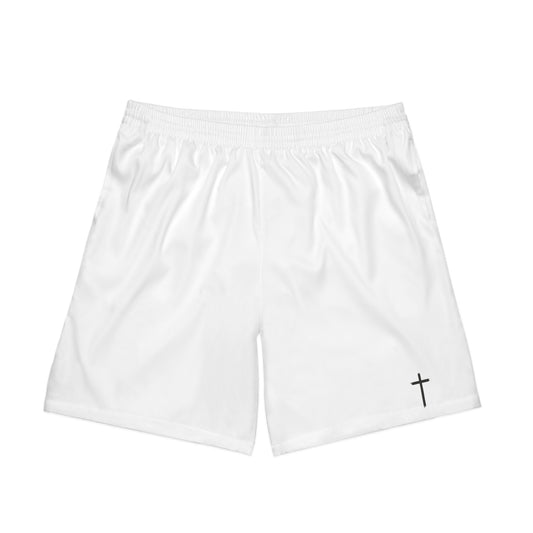 Men's Elastic Beach Shorts - Faith-Inspired Swim Trunks with 'He Died For Us' Print