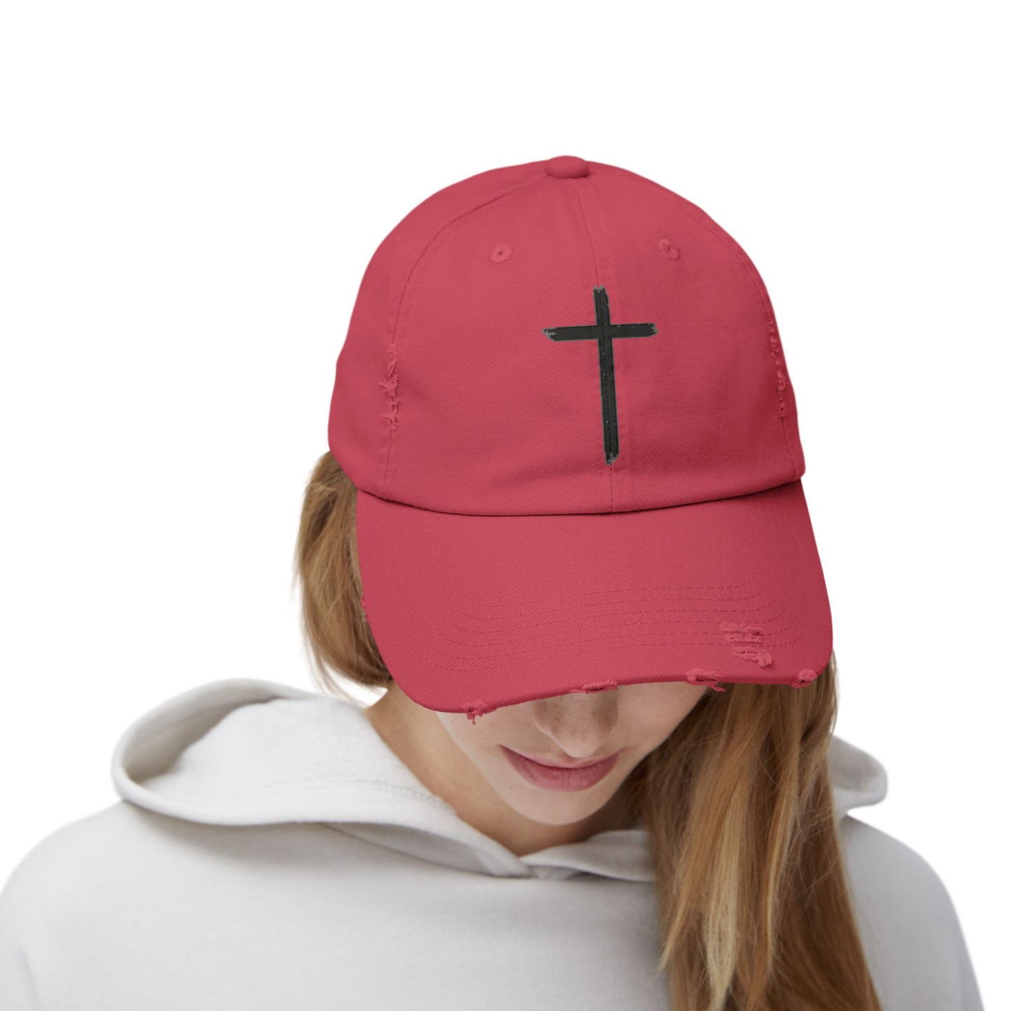 Unisex Distressed Cap with Cross Design - Faith-Inspired Fashion Accessory