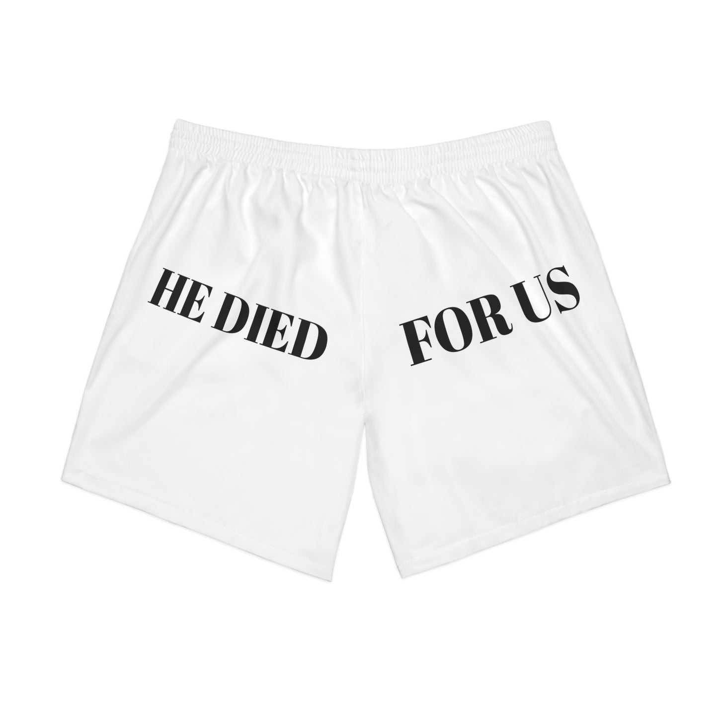 Men's Elastic Beach Shorts - Faith-Inspired Swim Trunks with 'He Died For Us' Print